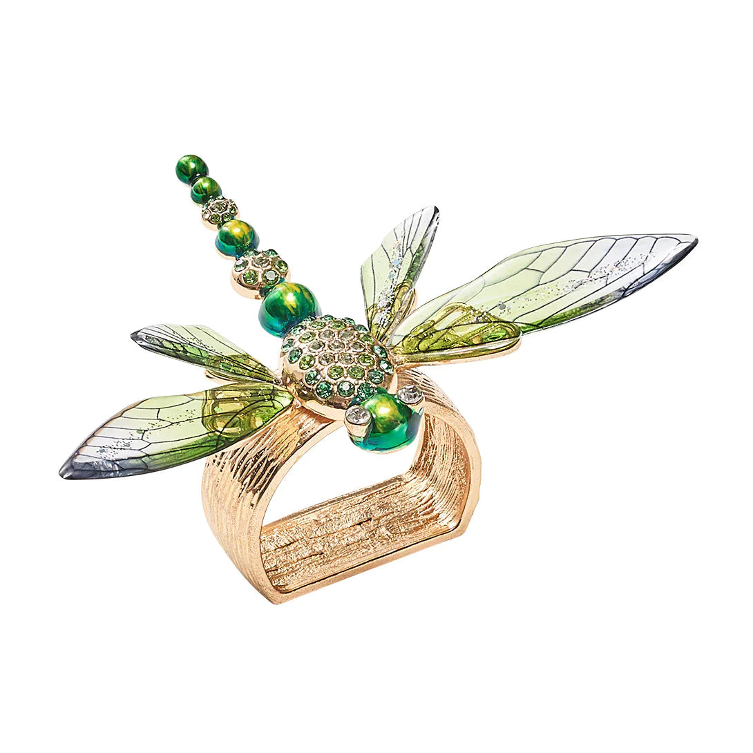 Luxurious Kim Seybert Dragonfly Napkin Ring, featuring an artistic design with a hand-enameled elongated metal body adorned with rhinestones and ombre acrylic wings transitioning from light to deep forest green, set on a textured golden metal ring.