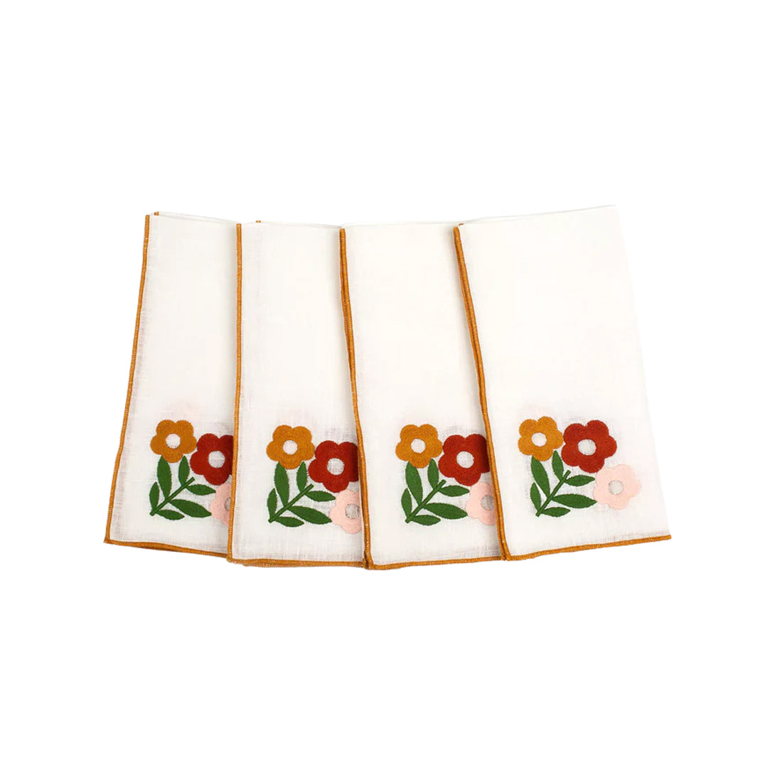 Floral Embroidered Linen Napkins (Set of 4)