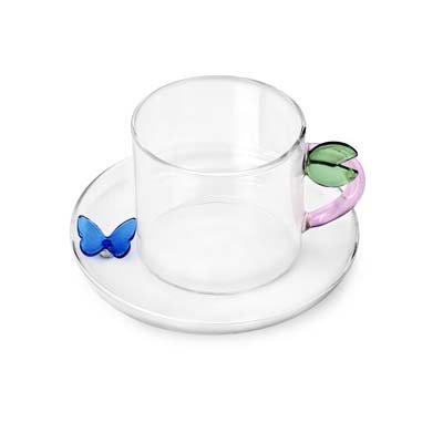 Fruits & Flowers Tea Cup Leaf with Blue Butterfly Saucer