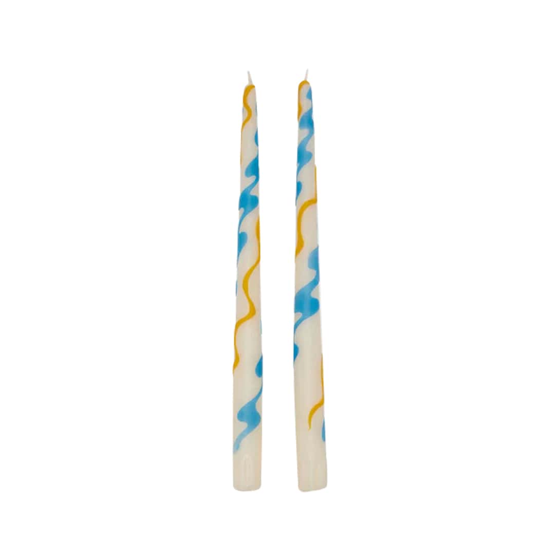 Primary Hand-Applied Wax Decoupage Taper Candles (Set of 2)