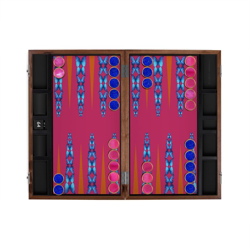 Pink Butterfly Tournament Backgammon Set with Semi Precious Playing Pieces