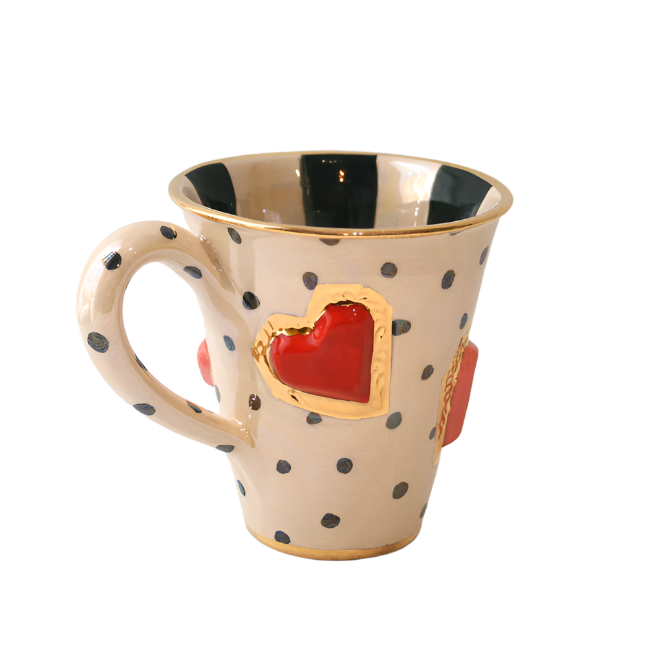 Jeweled Heart Mug in Black Polka Dot