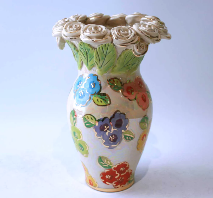 Rose Encrusted Flower Vase in Petit Fleur, Medium